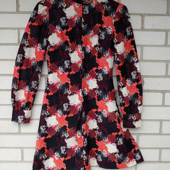 Vintage 60s 70s Mini Dress 30"B JR Bazaar Abstract Long Sleeves Mod GoGo Retro - Picture 2 of 10